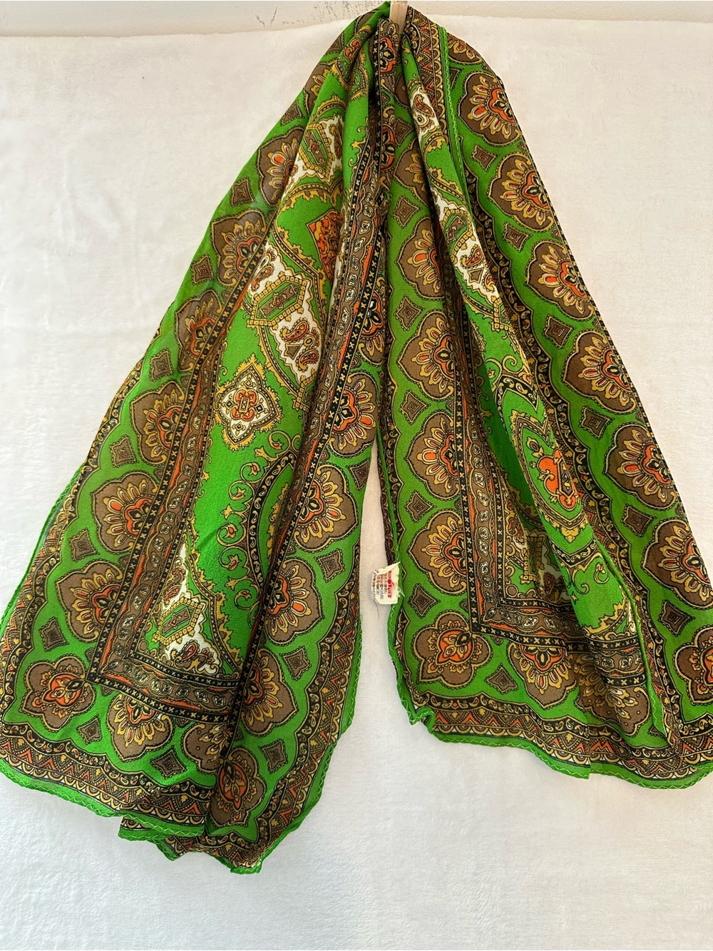 Green Paisley Border Scarf - Vintage Hand Printed in Japan